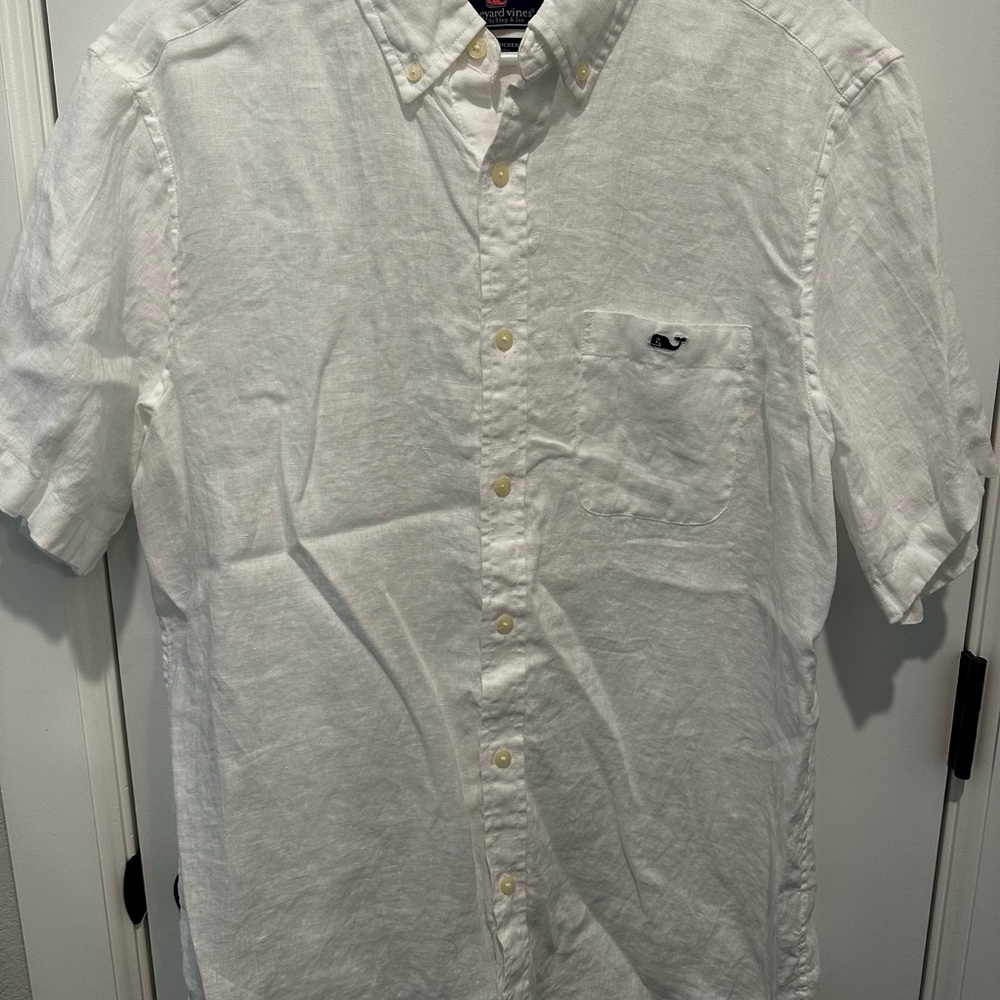 Vineyard Vines White Short-Sleeve Button-Down Linen Shirt
